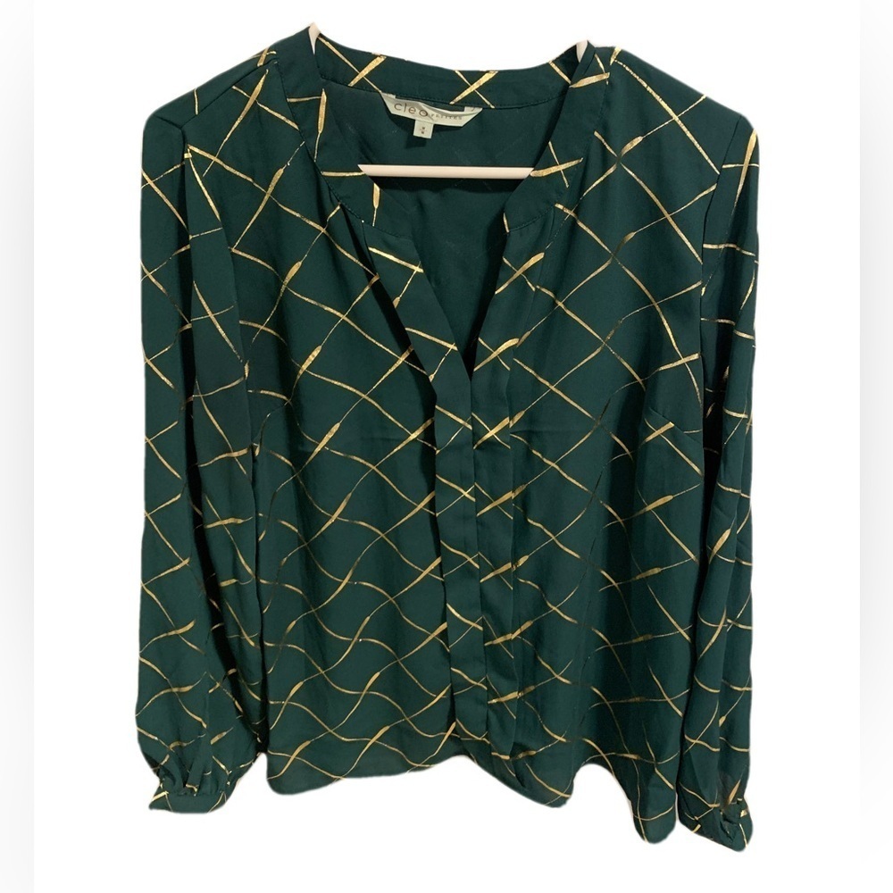 Cleo Petites Emerald Green Gold Print Blouse Top - Size Medium M